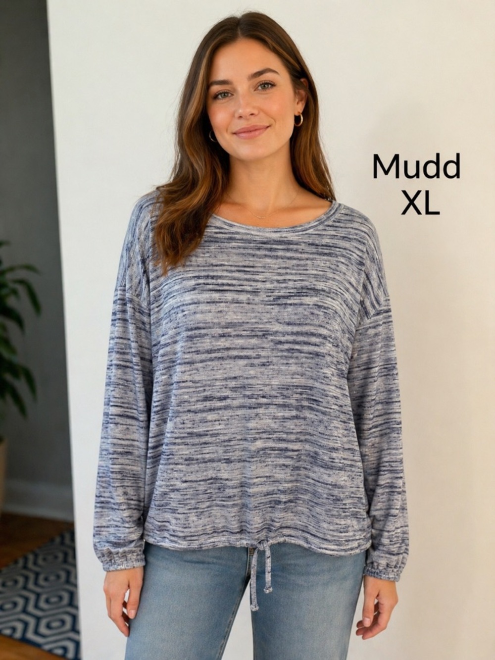 Mudd XL Marled Gray Lightweight Knit Top Drawstring Hem Casual Cozy